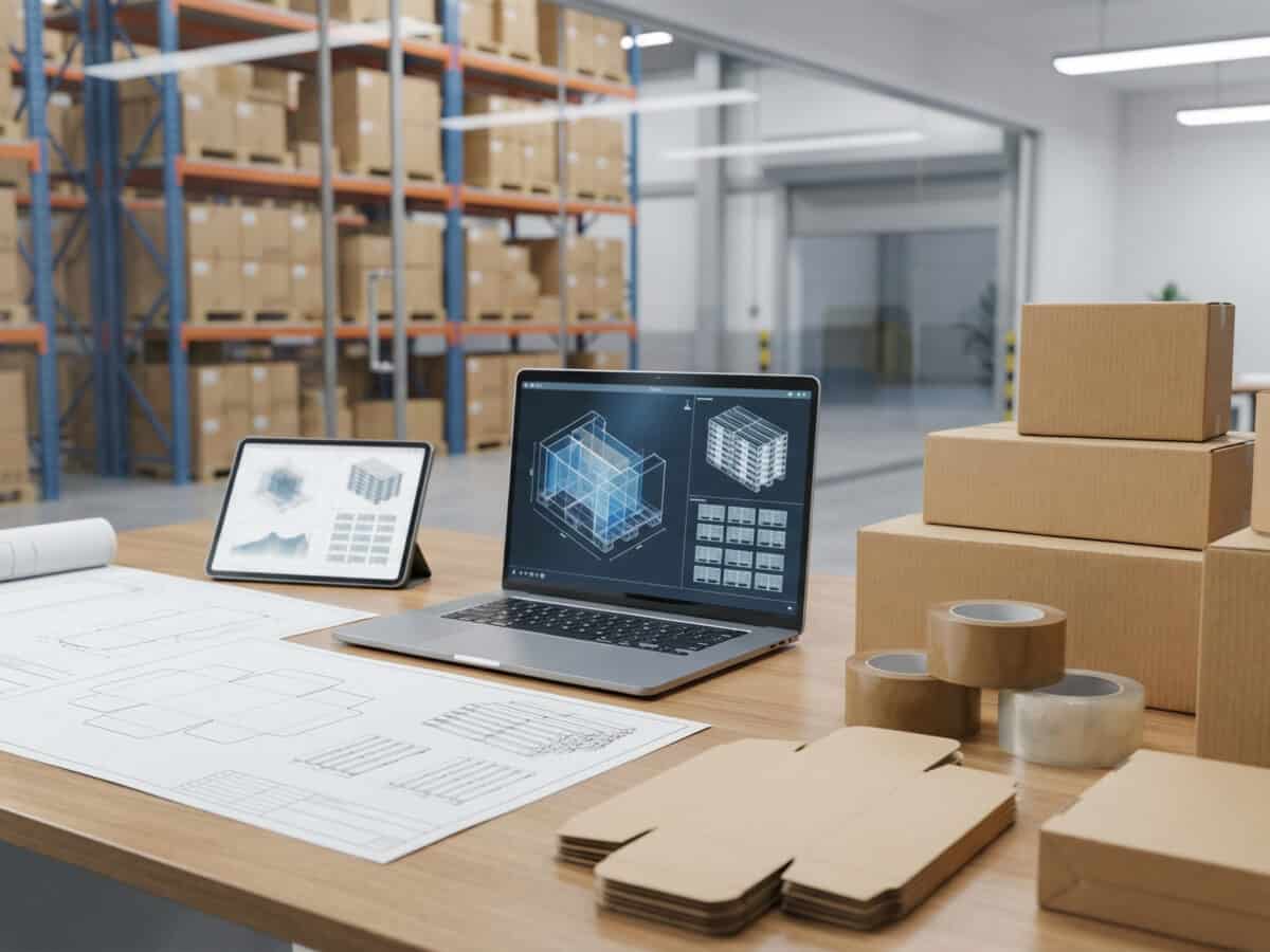 A warehouse office workspace displays architectural blueprints, a laptop with 3D warehouse design software, a tablet with building schematics, and cardboard boxes with packing tape, with industrial shelving and storage racks visible in the background.
