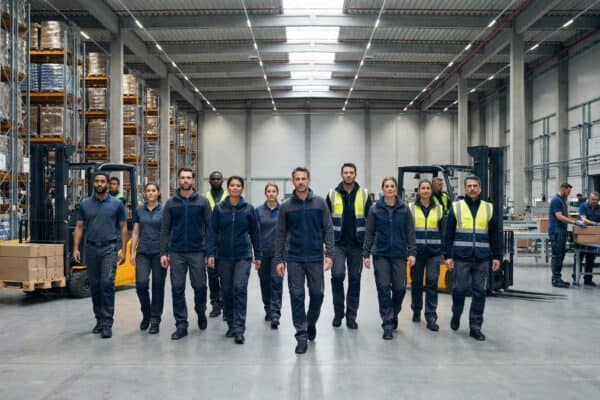 A diverse team of warehouse workers in dark uniforms and safety vests walks toward the camera in a modern industrial facility with high shelving, forklifts, and fluorescent lighting.