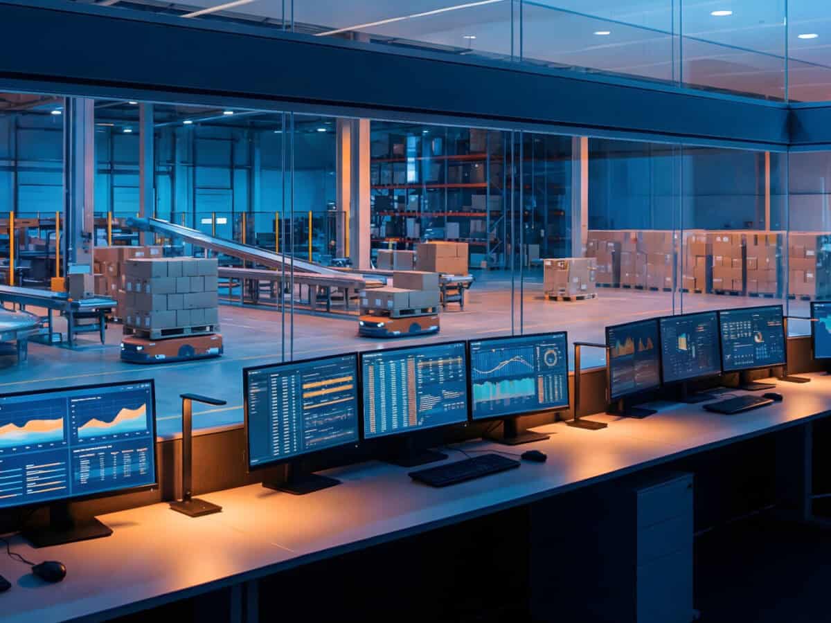 A modern logistics control center with multiple monitoring displays showing data analytics and real-time tracking, overlooking a warehouse floor with automated vehicles and stacked cargo boxes through floor-to-ceiling windows at dusk.