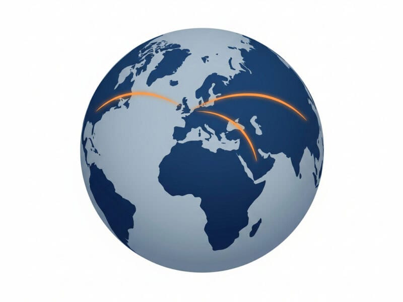 A 3D globe showing continents in dark blue with two orange curved lines crossing the equatorial region from Europe through the Middle East and Asia.