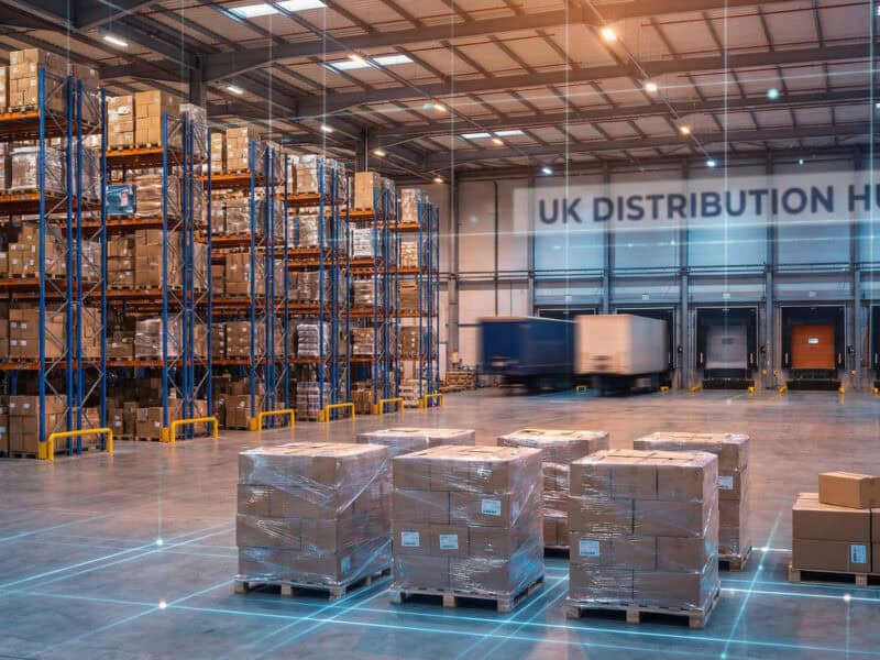 A modern UK distribution hub warehouse interior with blue and orange pallet racking systems, stacked cardboard boxes on pallets in the foreground, a moving delivery truck, and glass-fronted office spaces.