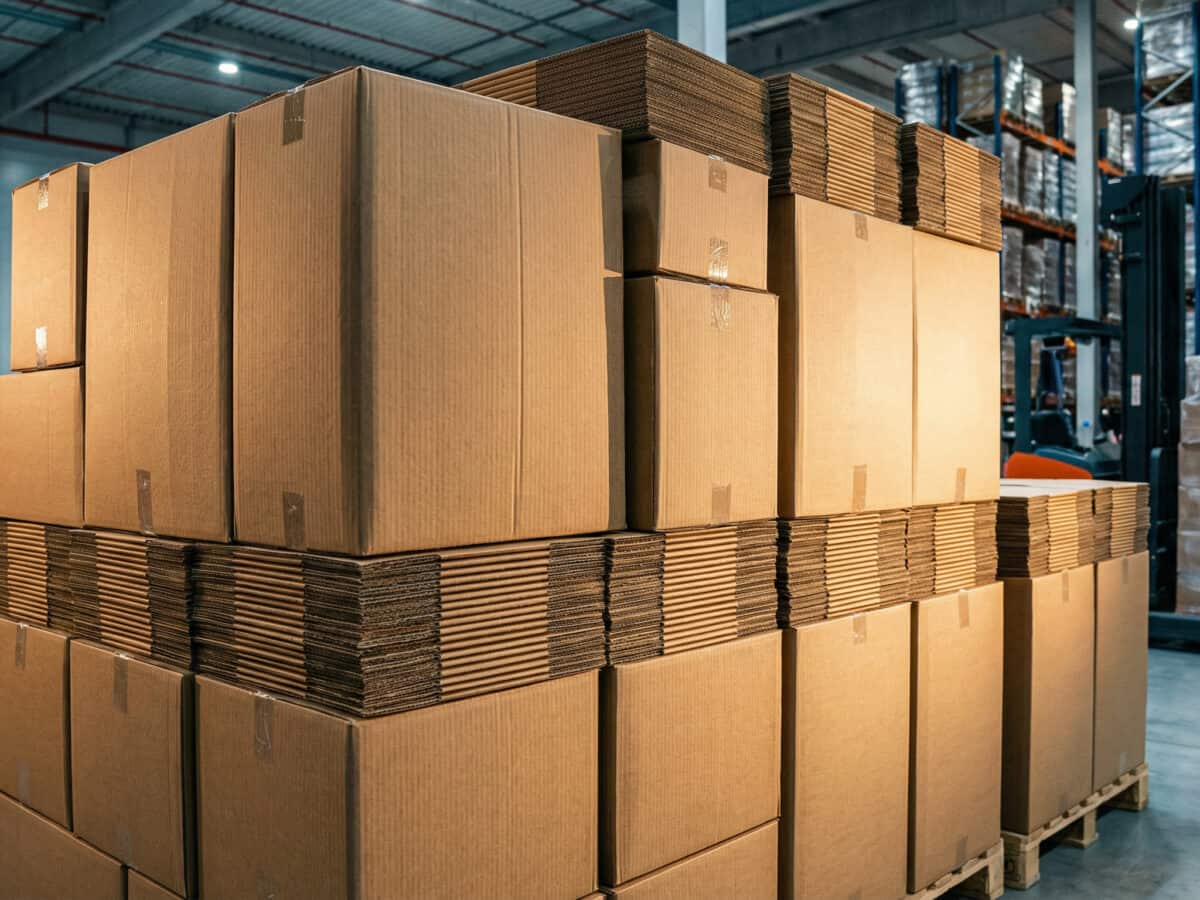A large pallet of stacked cardboard boxes wrapped with strapping tape sits in an industrial warehouse with shelving and equipment visible in the background.