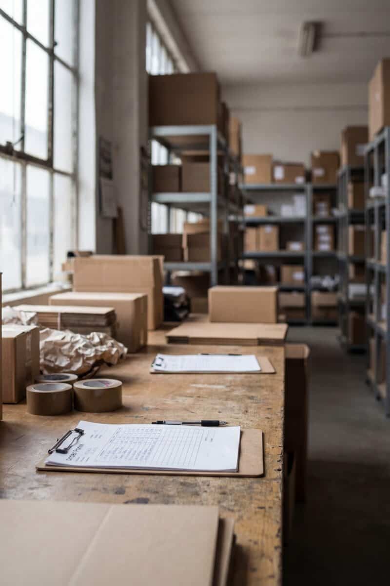 A warehouse or storage facility with cardboard boxes stacked on metal shelves, packing materials on wooden work tables, and clipboards with paperwork near large windows.